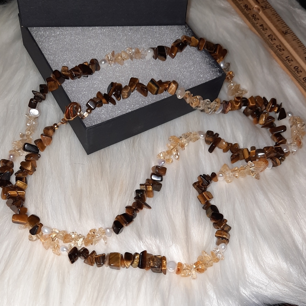 pearl, citrine Tigers eye gemstone nugget Chip necklace EUC goldtone clasp - Picture 9 of 14